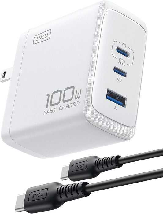 INIU iPhone 17 Charger, 3-Port 100W [USB-C + USB-A] Fast Charger, Compact Foldable USBC Cargador for iPhone 17 16, MacBook Air, IPad, Samsung S25, Switch, Students, Kid, Backpacking, Hiking etc