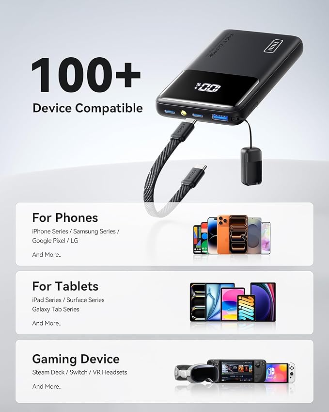 INIU Small Portable Charger, 45W PD Fast Charging 10000mAh Power Bank, Battery Pack with Attached USB C Cable, Travel Essentials Powerbank for iPhone 17 16 15 14 Pro Air, Xiaomi, Samsung S25 S24 etc