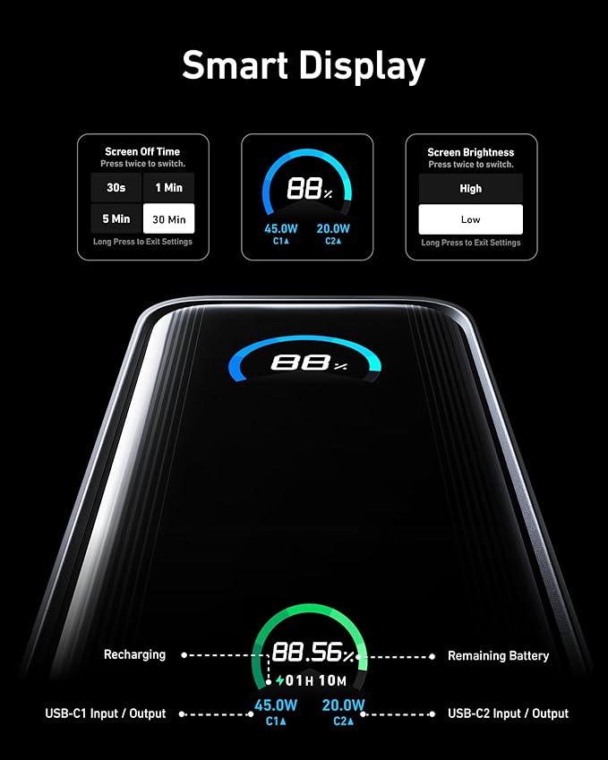 Anker Prime Power Bank, 9,600mAh Battery Pack with 65W Output Wall Charger, Supports PD 3.0 and PPS, 30W Fast Recharging, Sleek Portable Charger for MacBook Pro, iPhone 17/16 Series, Galaxy, iPad