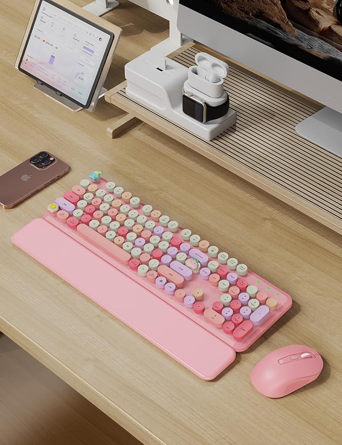 Wireless Keyboard and Mouse Combo, Typewriter Keyboard with Detachable Wrist Rest, Full-Size Retro Round Keycaps, Smart-Sleep, 2.4GHz Stable Connection for Mac/Windows/PC, Trueque(Rose Quartz Pink)