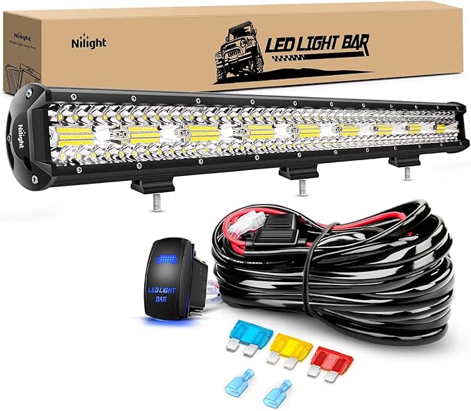 Nilight 26 Inch 540W LED Light Bar Triple Row Flood Spot Combo 50000LM Driving Boat Led Off Road Lights with 12V On/Off 5 Pin Rocker Switch 14 AWG Wiring Harness Kit, 2 Years Warranty