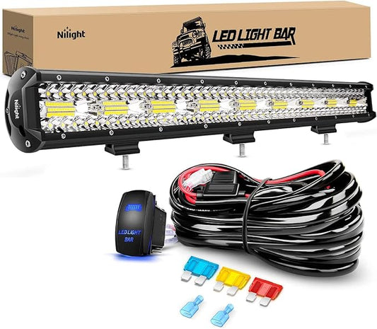 Nilight 26 Inch 540W LED Light Bar Triple Row Flood Spot Combo 50000LM Driving Boat Led Off Road Lights with 12V On/Off 5 Pin Rocker Switch 14 AWG Wiring Harness Kit, 2 Years Warranty