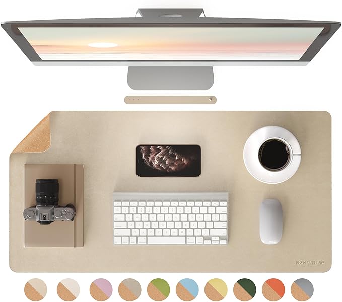 RENMTURE Desk Pad, Cork & PU Leather Desk Mat, Large Mouse pad, Non-Slip Desk Protector and Blotter, Waterproof Writing Pad, Desk Accessories and Organizers for Home Office (Golden,32"x16")