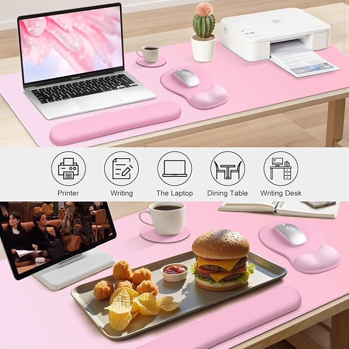 4-in-1 Large Gaming Mouse Pad, Keyboard Wrist Rest Pad & Wrist Support Mousepad Set, Extended Desk Pad Waterproof Desk Mat for Girl Women Home Office Decor Study Game 35.4×15.7 Inches I Soft Pink