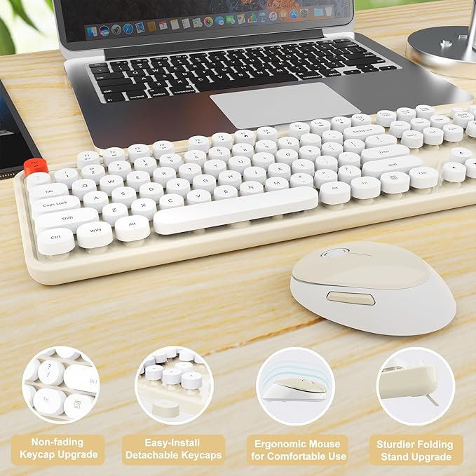 Wireless Keyboard and Mouse Combo, Ergonomic Full Size Typewriter Retro Round Keycaps Keyboard, Compatible with Windows, PC, Perfer for Home and Office Keyboards (Beige