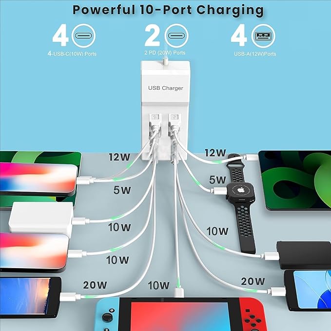 sccvee USB C Charging Station,10 Ports USB C Charger Dock Desktop 100W Multi Port with PD Fast Charger, Compatible with iPhone 14/13/12/11/Samsung S23/S22/S21/Tablet/Watch/Headphones