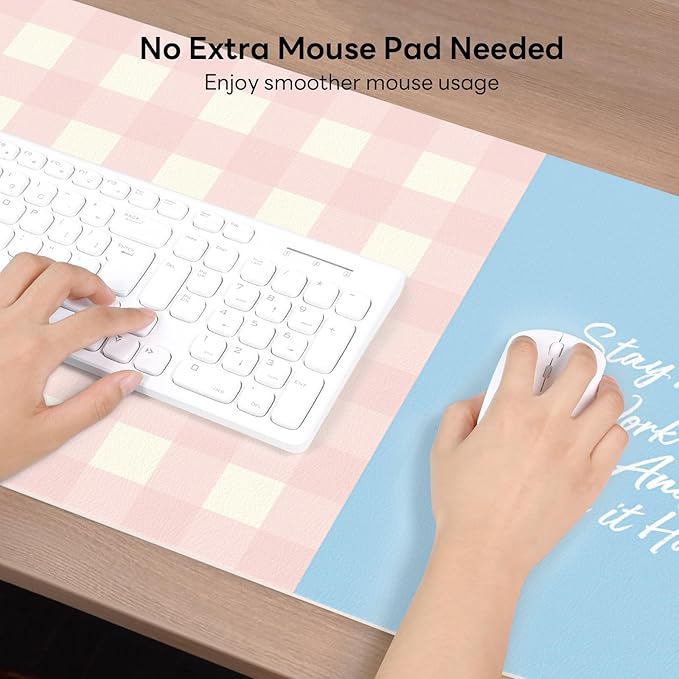 Checkered Pattern Desk Pad Protector, 35.5 x 13'' Aesthetic Mouse Mat for Desktop, Waterproof PU Leathe Non-Slip Desk Writing Pad for Office and Home, Light Pink and Blue