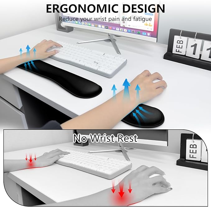 Wrist Rest for Computer Keyboard and Mouse, Ergonomic Design Wrist Support Pad for Keyboard, Soft Memory Foam Desk Pads Support Hand and Arm Easy Typing Pain Relief, 2 Piece Pad, Black