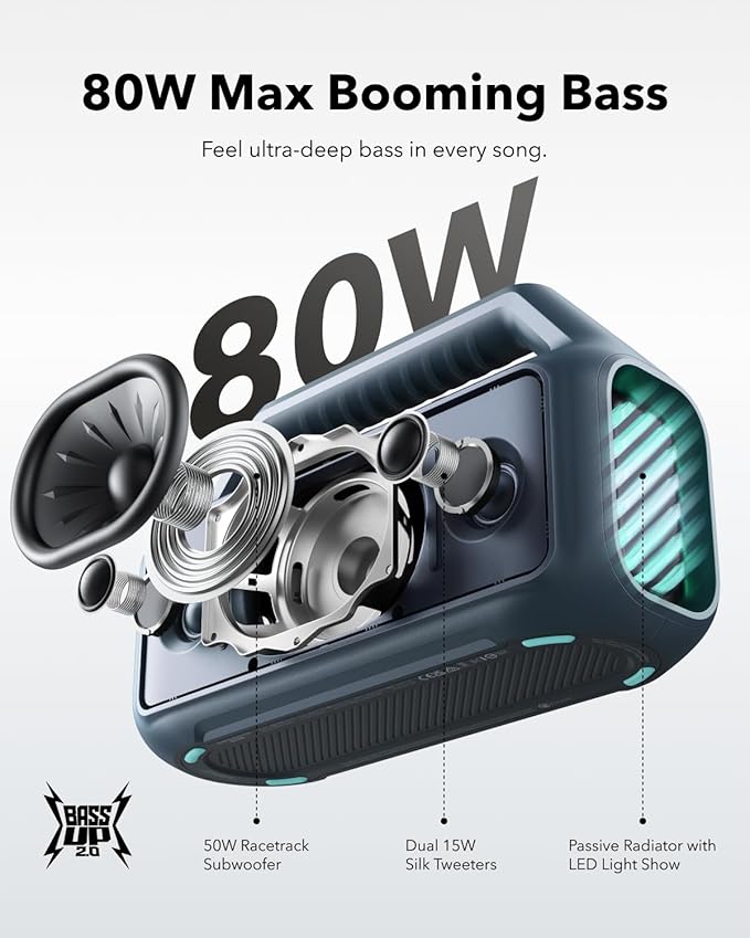 Soundcore Boom 2 By Anker, Outdoor Speaker, 80W, Subwoofer, BassUp 2.0, 24H Playtime, IPX7 Waterproof, Floatable, RGB Lights, USB-C, Custom EQ, Bluetooth 5.3, Portable for Camping and Beach - Blue