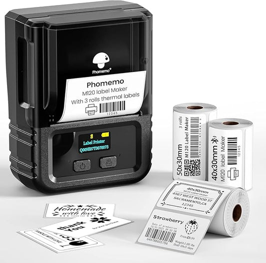 Phomemo M120 Label Maker, 2 Inch Bluetooth Thermal Label Printer with 3 Rolls Thermal Label(4030/4030/5030mm), Label Maker Machine for Small Business, Barcode, Address, Sticker Printer for Phone & PC