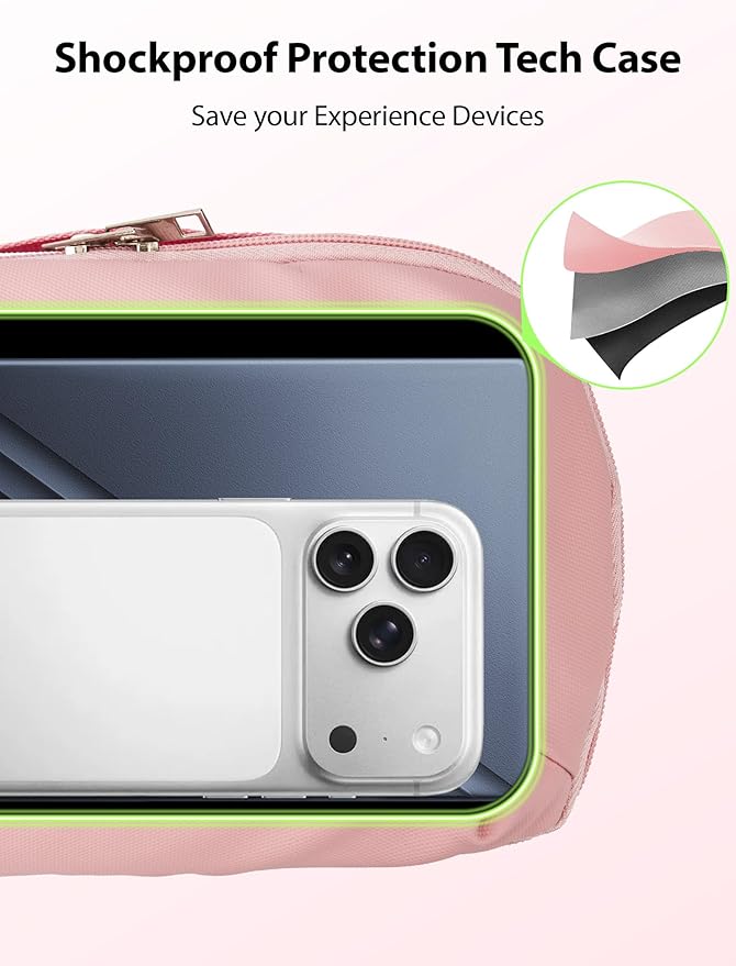 iMangoo Tech Organizer Travel Case 150° Open Large Storage Pouch Purse for Women Zipper Waterproof Bag Power Bank Portable Charger Cable Cord Electronics Accessories Trip Travel Essentials Bags Pink