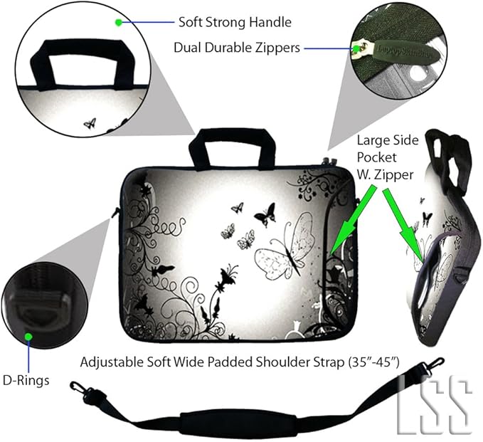 LSS 17-17.3" Laptop Sleeve Bag Compatible with Acer, Asus, Dell, HP, Sony, and More | Carrying Case Pouch w/Handle & Adjustable Shoulder Strap,Dark Contrast Fade Butterfly