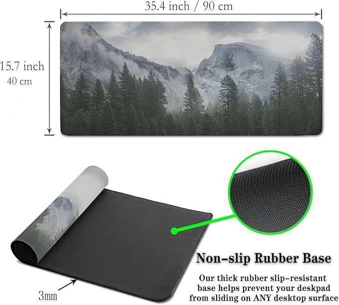 Gaming Mouse Pad - Green XXL Non-Slip Rubber Base 35.4" X 15.7" for Game Office, Park Nature Mountain Trees Mist