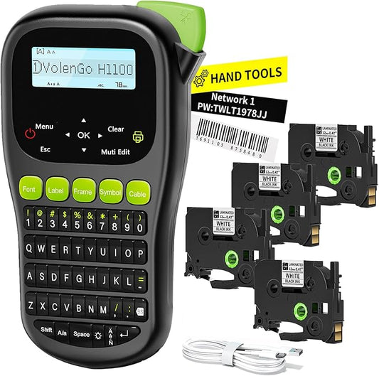 Label Maker Waterproof-Labels, Wire Label Maker Machine with 4 Tapes, Laminated Handheld Label Printer, Backlit & Portable & 3 Cable Modes, H1100 Labeler for Industrial Office Organization