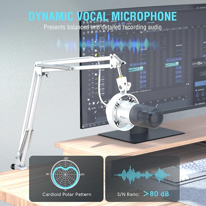 FIFINE Dynamic Microphone with Boom Arm, Studio Vocal XLR Microphone, Podcast USB Mic Kit for PC with Mute Button, Volume Knob, Headphone Jack, for Streaming Recording-AmpliTank K688CT White
