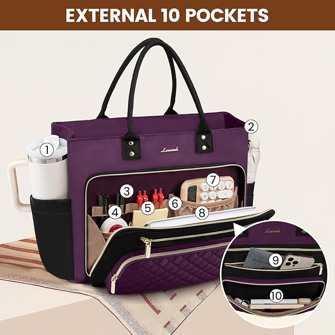 LOVEVOOK Teacher Tote Bag for Women Work, Laptop Bag Work Tote Bag Nurse Bags With Large Cup Holder, Professional Computer Briefcase Business Large Purses Handbag, Diaper Bag Mother Gift, Black-Purple