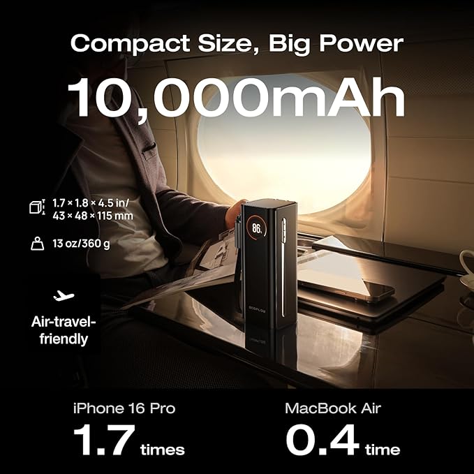 EF ECOFLOW RAPID Pro Power Bank with 65W Wall Plug, 10,000mAh 3-in-1 Portable Charger with Built-in USB-C Cable, 45W Fast Recharging, Travel Essentials for iPhone 17/16 Series, Galaxy, Laptops, and More