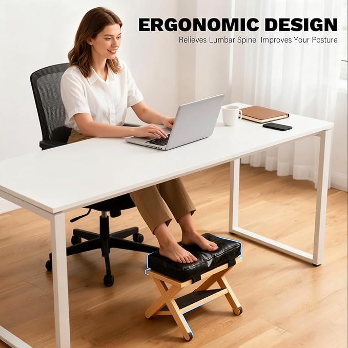 Wooden Under Desk Footrest with Non-Slip Rubber Stepping Surface, Ergonomic Foot Stool for Home Office Gaming Work Posture Support (Wood Color)