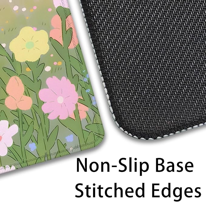 Flower Desk Pad Mouse Pad，Large Cartoon Cute Mouse Pads with Stitched Edges,Non-Slip Waterproof Rubber Base,Kawaii Nature Desk Mat for Desktop,Keyboard Pad for Office Home Work(27.5X11.8 in)