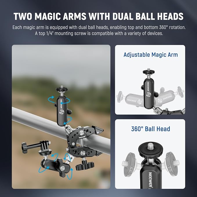 NEEWER Heavy Duty Super Clamp with Two 360° Dual Ball Head Magic Arms, 1/4" 3/8" Screw Threads, Phone & Action Camera Mount Adapter for Flat/Round Surface Compatible with GoPro DJI Insta360 DSLR - Image 5
