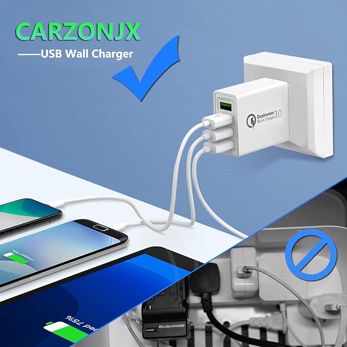 USB Charger 40W Quick Charge 3.0, CARZONJX 5V/3.1A 4 Port Fast Charging Block [with LED Light] Wall Charger Plug Cube for Galaxy/Note/Edge, iPhone 17 16 15 14 13 12 11 X 8, iPad, LG, Moto, Switch