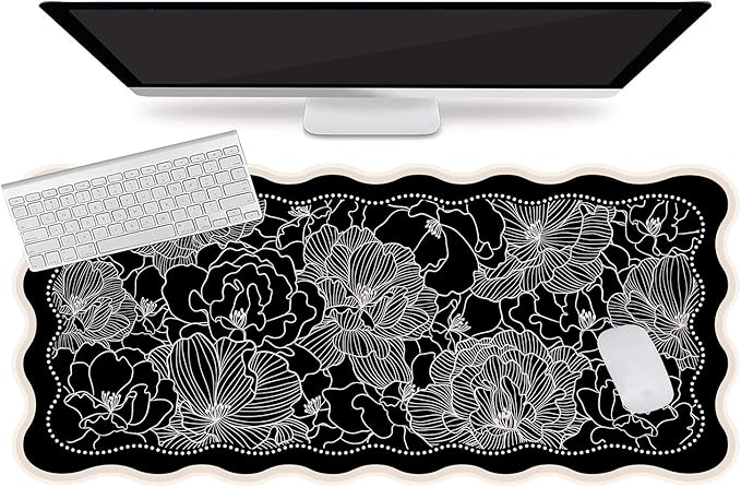 L-SPOUTTO Black Floral Mouse Pad,Vintage Aesthetic Scalloped Desk Mat XXL Large Gaming Mousepad,35.4x15.7in Non-Slip Keyboard Pad Waterproof Desktop Mat for Laptop Computer Work Game Home Office-Peony
