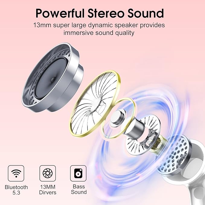 Csasan Wireless Earbuds, 2024 Bluetooth Headphones 5.3 HiFi Stereo Earphones, 40H Playtime in-Ear Earbud, Bluetooth Earbud with Dual Mic Call, IP7 Waterproof Earphones Sport Headset for iOS