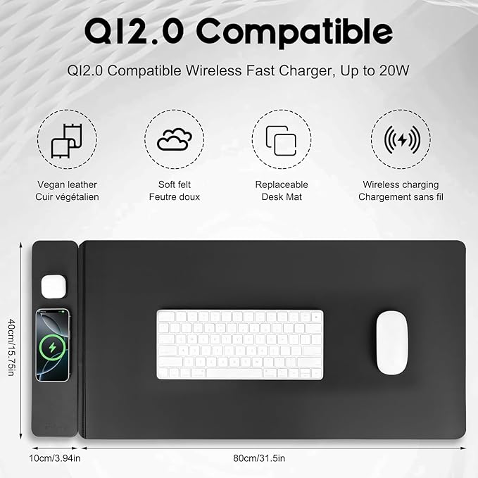 Wireless Charging Mouse Pad with 2nd Gen Tech, 3-in-1 25W Fast Charger, Replaceable Felt & Leather Desk Mat, for Office & Gaming, Large Waterproof Desk Pad for Office & Gaming(Felt)