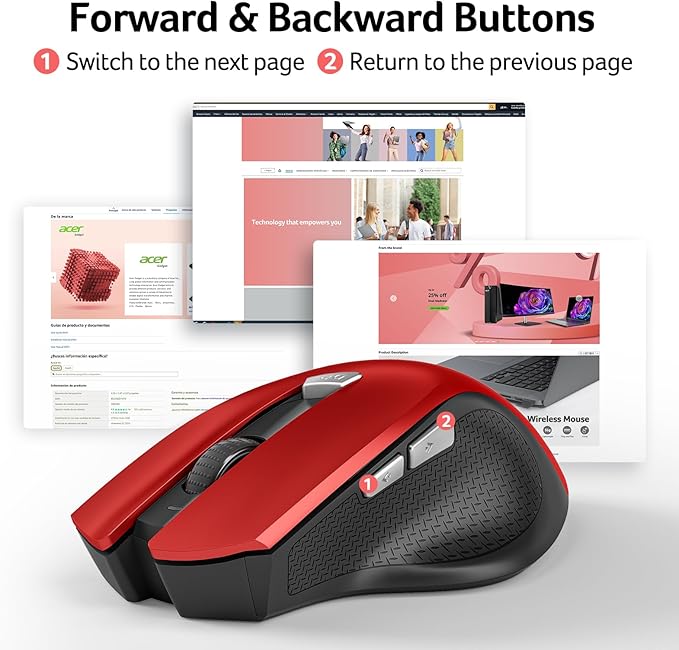 acer Wireless Mouse for Laptop, 2.4GHz Computer Mouse 3 Adjustable DPI Office Cordless USB Mice with USBA Receiver, 6 Buttons, 1600 DPI, Medium to Large Sized Hands (Red)