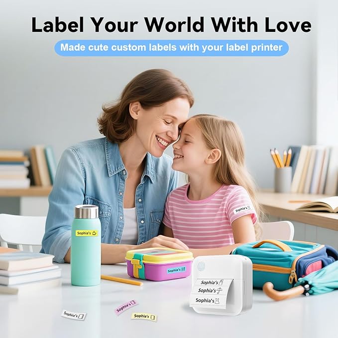 Label Maker Machine with Tape - Inkless Mini Bluetooth Label Printer with Multiple Templates, Wide Waterproof Labels, Portable Thermal Sticker Labeler for School Home Office Kitchen Organization