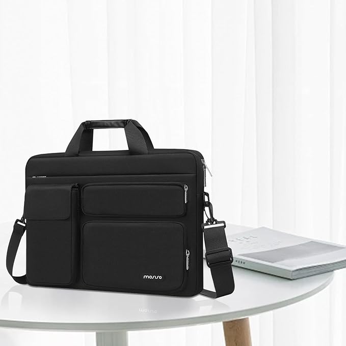 MOSISO Laptop Shoulder Bag 14 inch, 14 inch Computer Bag Compatible with HP Lenovo Dell ASUS Acer, HP Stream, Dell Latitude with 2 Raised&1 Flapover&1 Horizontal Pocket&Handle&Belt, Black
