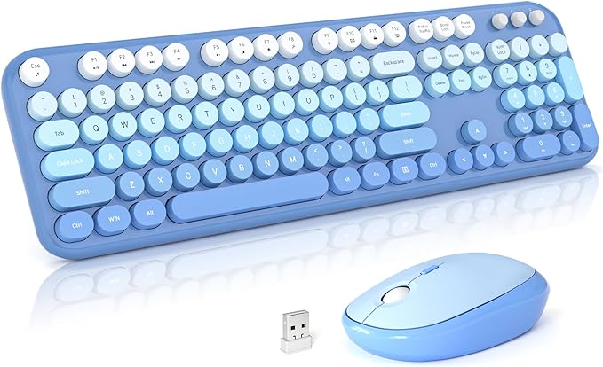 Wireless Keyboard Mouse Combo, Typewriter Full Size Keyboard with Number Pad and 2 in 1 USB Connected Mouse for PC Computer Laptop Desktop Windows 7 8 10 11 (Blue Colorful)