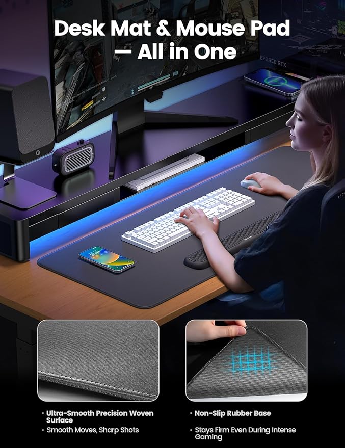 Vaydeer Wrist Rest for Keyboard and Mouse with Desk Mat, 3-in-1 Computer Ergonomic Wrist Support Set, Memory Foam Extended Desk Pad for Typing and Gaming, Arm Palm Hand Laptop Cushion Office Home