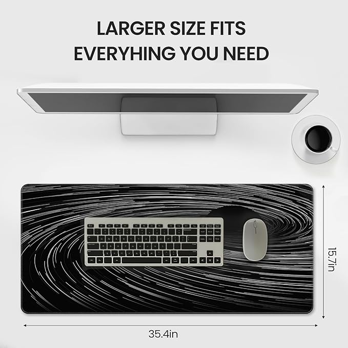 Extended Mouse Pad, Black Abstract Swirl Design, 35.4 x 15.7 Inches, Microfiber Cloth Surface, Rectangular Desk Mat with Non-Slip Rubber Base
