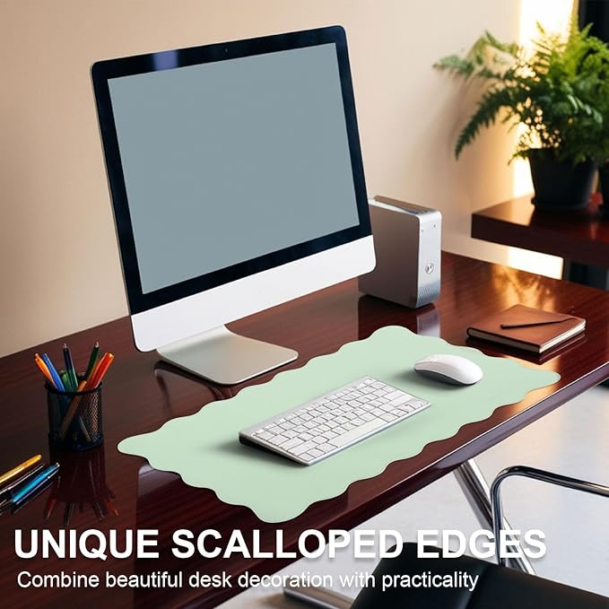 Scalloped Desk Mat Leather Desk Pad Protector Non-Slip PU Leather Table Protector Waterproof Mouse Pad Keyboard Mat Curly Mousepad PC Accessories Gift for Office Home (Sage Green)