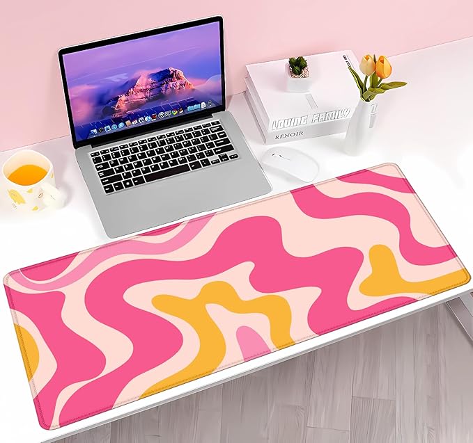 Pink Abstract Wave Desk Pads, Swirl Pattern Boho Large Gaming Mouse Pad, Extra Large Mousepad, Aesthetic Desktop Mat for Laptop Work Home Decor, Non-Slip Rubber Computer Pad, 31.5 X 11.8 in
