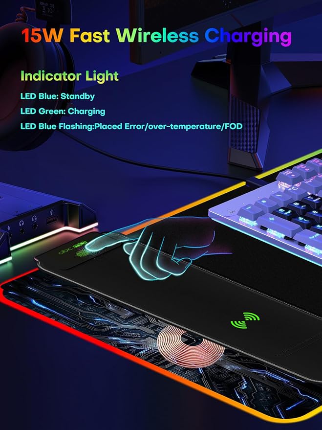 2-in-1 RGB Gaming Mouse Pad with Wireless Charging, 31.5"x15.8" Large, 24 Light Effects, Non-Slip Base, Waterproof Ultra-Smooth Surface, No Adapter