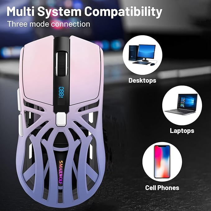 Wireless Gaming Mouse, 10000 DPI, Tri-Mode 2.4GHz/Bluetooth/Wired Mouse, 6 Buttons, Digital Display, Silent Mice, Rechargeable, Customizable Macro and RGB Backlight for PC/Mac/Laptop (Purple)