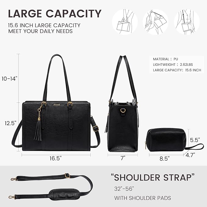 LOVEVOOK Laptop Bag for Women Vintage Leather Laptop Tote 15.6 inch Large Capacity Computer bag with Clutch Purse for Work