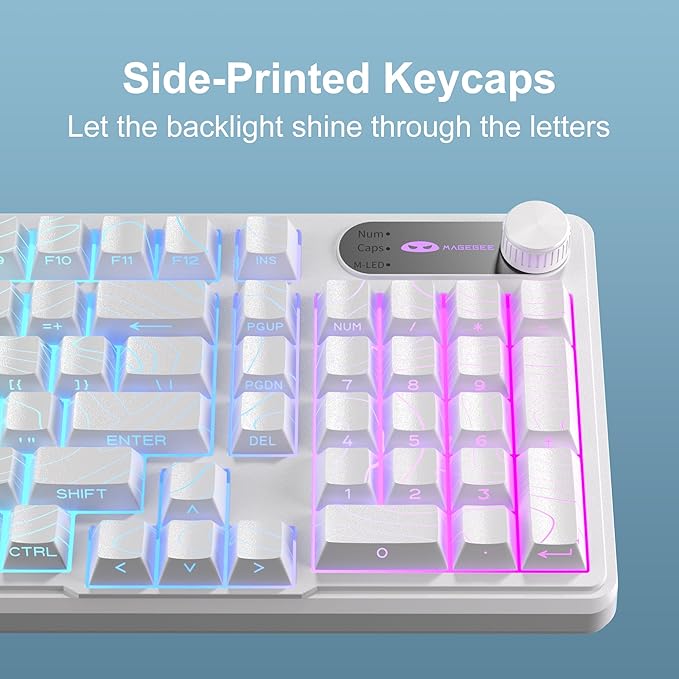 MageGee GK960 Wireless Gaming Keyboard, RGB Tri-Mode Wired/BT/2.4G Creamy Keyboard with Number Pad, 4000mAh Battery, Knob Control, Side Printed Keycaps, 19-Key Rollover for Win/Mac (White Topographic)