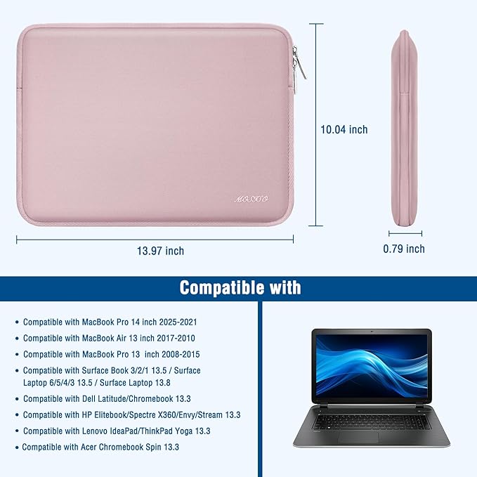 MOSISO Laptop Case 13.3 inch, 13-13.3 inch Laptop Sleeve Bag Compatible with MacBook Air/Pro 13/Pro 14 M5 M4 M3 M2 M1, HP Dell ASUS Lenovo, Neoprene Computer Sleeve Bag with Small Case, Baby Pink