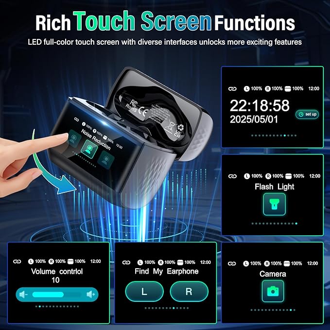 Wireless Earbuds with Touch Screen, Bluetooth 5.4 Headphones, ANC/ENC Noise Cancelling, 48H HiFi Stereo Bluetooth Ear Buds with 5 EQ Modes, Transparency Mode, IPX7 Earphones, Darkblack