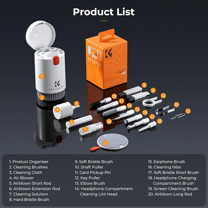 K&F CONCEPT 20-in-1 Keyboard Cleaning Kit Laptop Cleaner, Multifunctional Electronic Device Cleaning Tool, for iPhone AirPods MacBook iPad, Camera PC Monitor Earbud TV Tablet Screens - Image 8