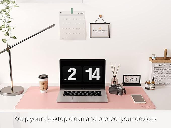RENMTURE Dual-Sided Mouse Pad, Natural Cork & PU Leather Large Desk Pad for Office and Home Work, Desk Protector Non-Slip, Waterproof, Easy Clean (Pink, 36"x17")