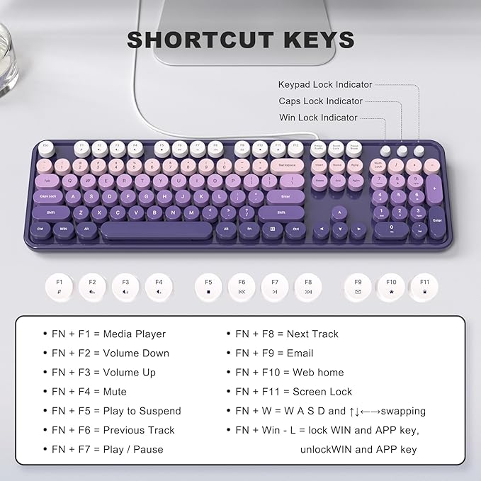 Wired Keyboard, Full-Sized Typewriter Keyboards, USB Plug and Play Office Keyboard with Number Pad, Caps Indicators, Foldable Stands for Windows, PC, Laptop, Desktop (Purple)