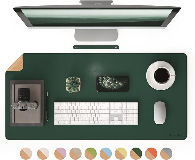 RENMTURE Desk Pad, Cork & PU Leather Desk Mat, Large Mouse pad, Non-Slip Desk Protector and Blotter, Waterproof Writing Pad, Desk Accessories and Organizers for Home Office (Deep Green,36"x17")