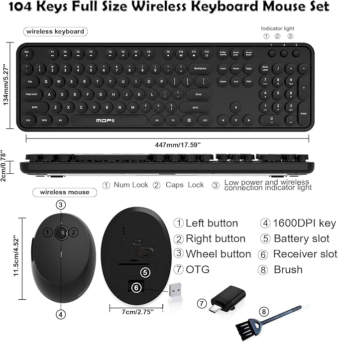 Wireless Keyboard and Mouse, COOFUN Cute Colorful 104 Keys Full Size Typewriter Keyboards Retro Cordless Key Board Ergonomic Keyboards and Mouse Wireless for Windows, PC, Laptop, Desktop (Black)