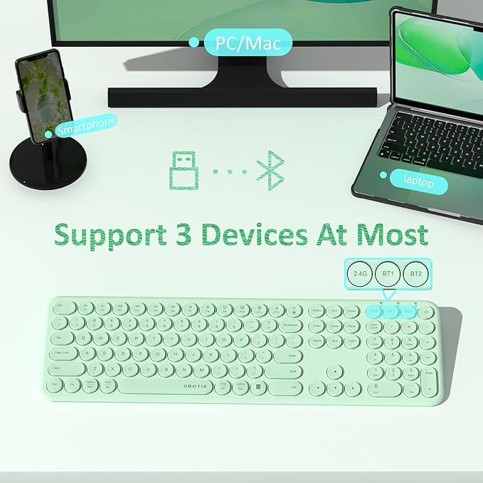 UBOTIE Wireless Green Keyboard, Bluetooth 2.4GHz Dural Mode Connection Scissor Switches Slim Quiet Round Keycaps Full Size Office Computer Keyboards for PC MAC Smart Phones