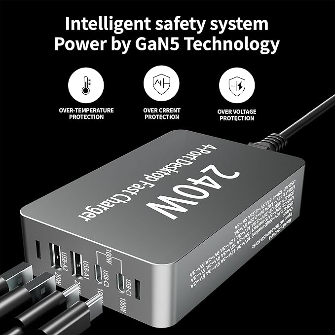 240W USB C Charger Block, 4 Port USB Fast Charging Station 100W Laptop Power Adapter for MacBook, Laptop, Tablet, iPad, iPhone, Cell Phone Multiple Devices Charging Station, Type C Charger