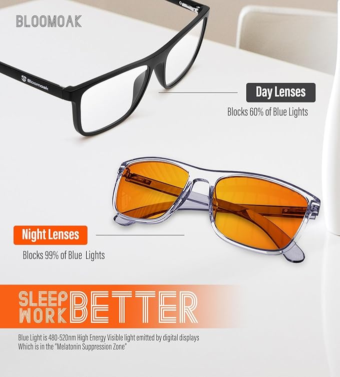 Bloomoak 100% Red Lens Blue Green Light Blocking Glasses- Dual AR Coatings Sleep Glasses Before Bed - Anti Glare, Fatigue